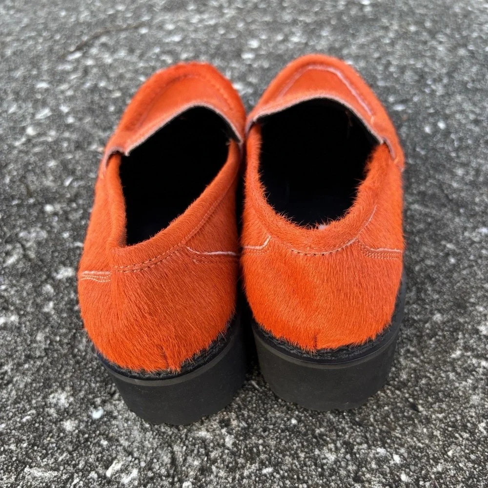RARE!! Orange Calf Hair Chunky Penny Loafers W7 | 37 Anthropologie Bibi Lou Jaya